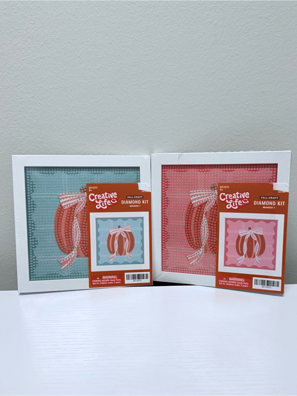 New! Set of 2 Pumpkin with Bow Diamond Art Kits - Turquoise & Pink